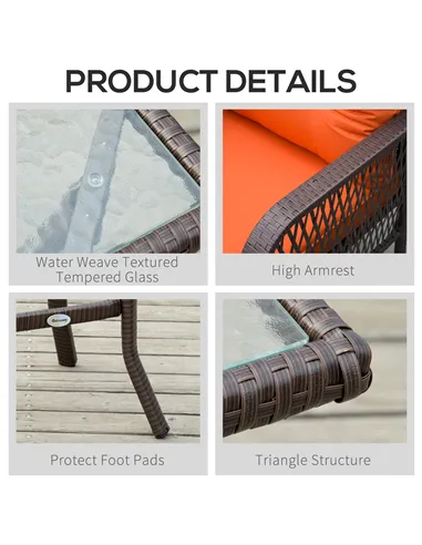 Outsunny 3 Pieces Rattan Bistro Set with Glass Top Coffee Table, Chairs and Cushions for Outdoor, Patio, Balcony, Orange