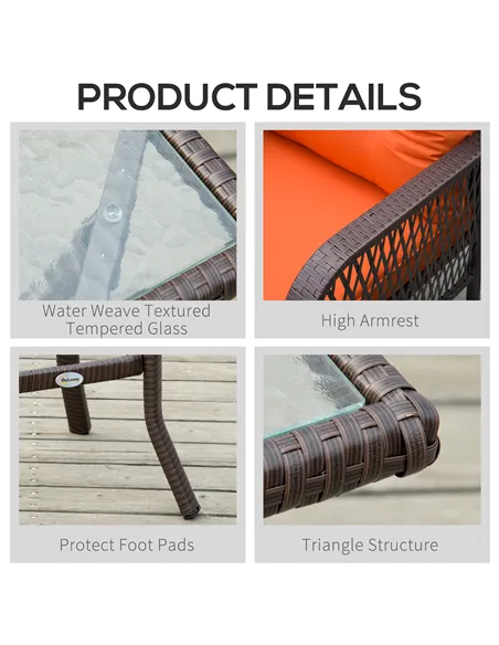 Outsunny 3 Pieces Rattan Bistro Set with Glass Top Coffee Table, Chairs and Cushions for Outdoor, Patio, Balcony, Orange