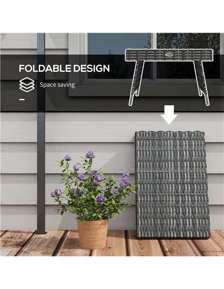 Outsunny Foldable Outdoor Side Table, Rattan Garden Coffee Table with Steel Frame, Space Saving Bistro Garden Furniture for Pati
