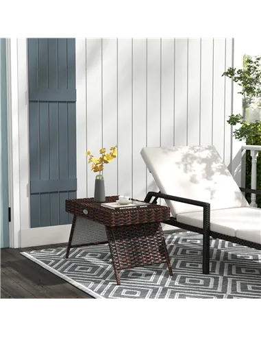 Outsunny Foldable Outdoor Side Table, Rattan Garden Coffee Table with Steel Frame, Space Saving Bistro Garden Furniture for Pati