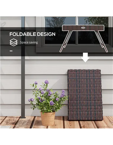 Outsunny Foldable Outdoor Side Table, Rattan Garden Coffee Table with Steel Frame, Space Saving Bistro Garden Furniture for Pati