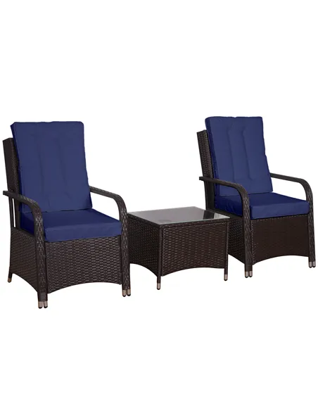 Outsunny 3 Pieces Rattan Bistro Set with Furniture Cover, Wicker Garden Furniture Set, Glass Top Coffee Table and Chairs with Cu