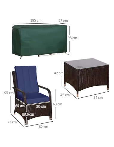 Outsunny 3 Pieces Rattan Bistro Set with Furniture Cover, Wicker Garden Furniture Set, Glass Top Coffee Table and Chairs with Cu