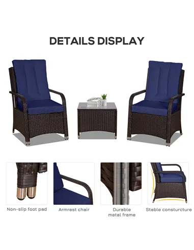 Outsunny 3 Pieces Rattan Bistro Set with Furniture Cover, Wicker Garden Furniture Set, Glass Top Coffee Table and Chairs with Cu