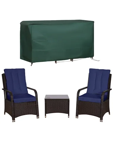 Outsunny 3 Pieces Rattan Bistro Set with Furniture Cover, Wicker Garden Furniture Set, Glass Top Coffee Table and Chairs with Cu