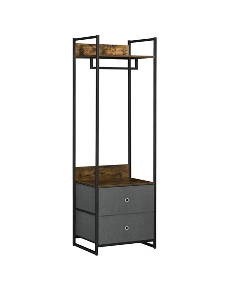 HOMCOM Clothes Rail, Metal Coat Stand, Garment Rack with 2 Fabric Storage Drawers, Single Wardrobe for Bedroom, Hallway, Rustic 