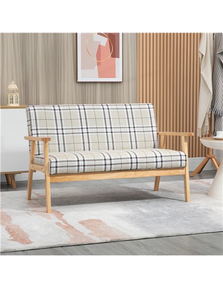 HOMCOM Compact Loveseat Couch Double Seat Sofa with Lattice Pattern and Rubber Wood Frame Beige and Coffee