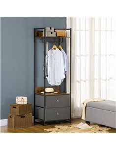 HOMCOM Clothes Rail, Metal Coat Stand, Garment Rack with 2 Fabric Storage Drawers, Single Wardrobe for Bedroom, Hallway, Rustic  2