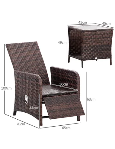 Outsunny 3 Pieces Rattan Bistro Set Balcony Furniture with Cushions, Storage Function - Mixed-Brown