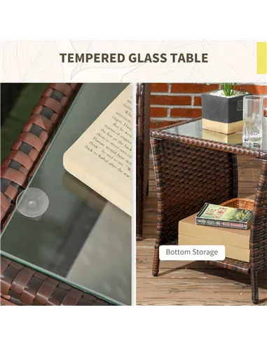 Outsunny 3 Pieces Rattan Bistro Set Balcony Furniture with Cushions, Storage Function - Mixed-Brown