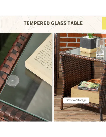 Outsunny 3 Pieces Rattan Bistro Set Balcony Furniture with Cushions, Storage Function - Mixed-Brown