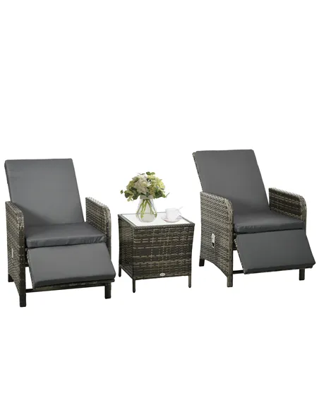 Outsunny 3 Pieces Rattan Bistro Set Balcony Furniture with Cushions, Storage Function - Mix-Grey