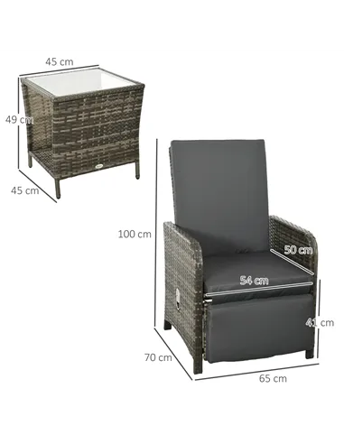 Outsunny 3 Pieces Rattan Bistro Set Balcony Furniture with Cushions, Storage Function - Mix-Grey
