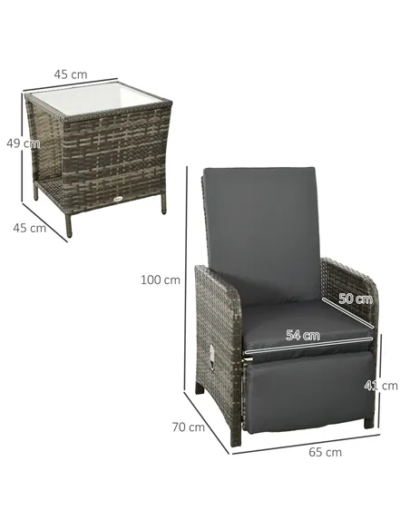 Outsunny 3 Pieces Rattan Bistro Set Balcony Furniture with Cushions, Storage Function - Mix-Grey