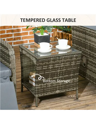 Outsunny 3 Pieces Rattan Bistro Set Balcony Furniture with Cushions, Storage Function - Mix-Grey