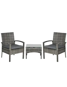 Outsunny 3 Pieces Rattan Bistro Set, Wicker Garden Furniture Set with Glass Top Coffee Table and Chairs, Washable Cushions for O
