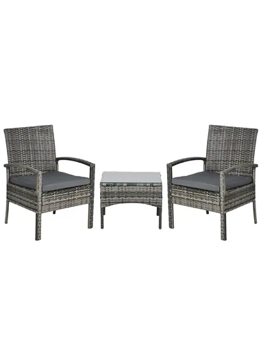 Outsunny 3 Pieces Rattan Bistro Set, Wicker Garden Furniture Set with Glass Top Coffee Table and Chairs, Washable Cushions for O