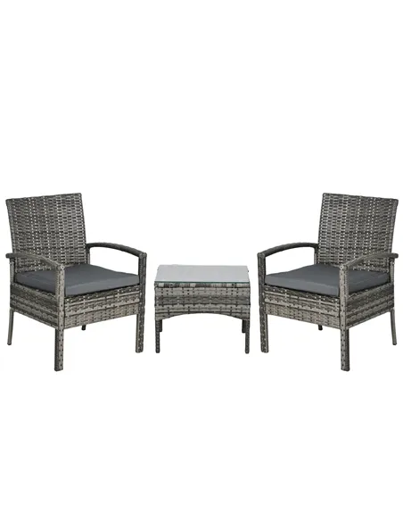 Outsunny 3 Pieces Rattan Bistro Set, Wicker Garden Furniture Set with Glass Top Coffee Table and Chairs, Washable Cushions for O