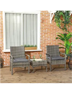 Outsunny 3 Pieces Rattan Bistro Set, Wicker Garden Furniture Set with Glass Top Coffee Table and Chairs, Washable Cushions for O 2