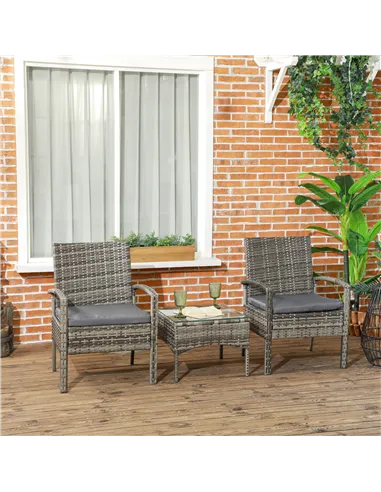 Outsunny 3 Pieces Rattan Bistro Set, Wicker Garden Furniture Set with Glass Top Coffee Table and Chairs, Washable Cushions for O