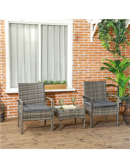 Outsunny 3 Pieces Rattan Bistro Set, Wicker Garden Furniture Set with Glass Top Coffee Table and Chairs, Washable Cushions for O