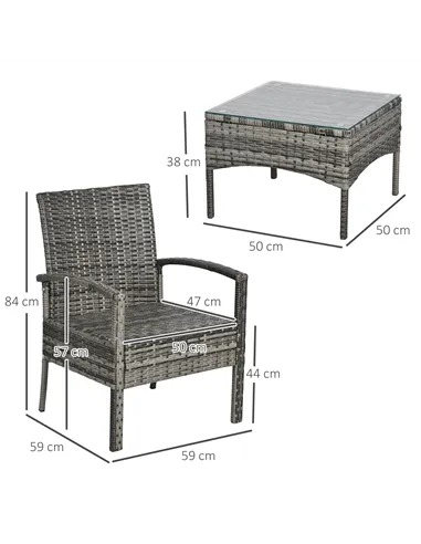 Outsunny 3 Pieces Rattan Bistro Set, Wicker Garden Furniture Set with Glass Top Coffee Table and Chairs, Washable Cushions for O