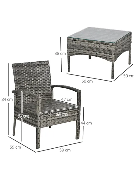 Outsunny 3 Pieces Rattan Bistro Set, Wicker Garden Furniture Set with Glass Top Coffee Table and Chairs, Washable Cushions for O