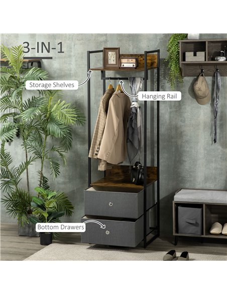 HOMCOM Clothes Rail, Metal Coat Stand, Garment Rack with 2 Fabric Storage Drawers, Single Wardrobe for Bedroom, Hallway, Rustic 