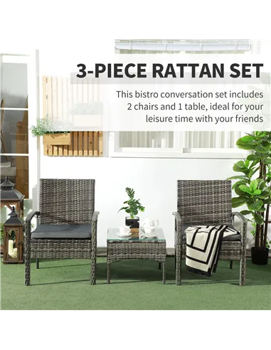 Outsunny 3 Pieces Rattan Bistro Set, Wicker Garden Furniture Set with Glass Top Coffee Table and Chairs, Washable Cushions for O