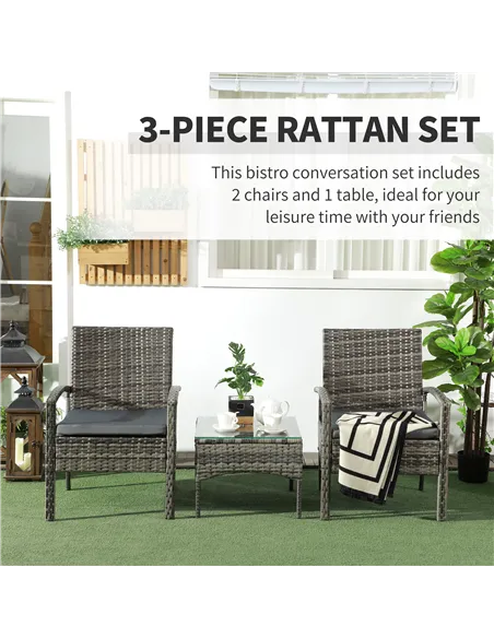 Outsunny 3 Pieces Rattan Bistro Set, Wicker Garden Furniture Set with Glass Top Coffee Table and Chairs, Washable Cushions for O
