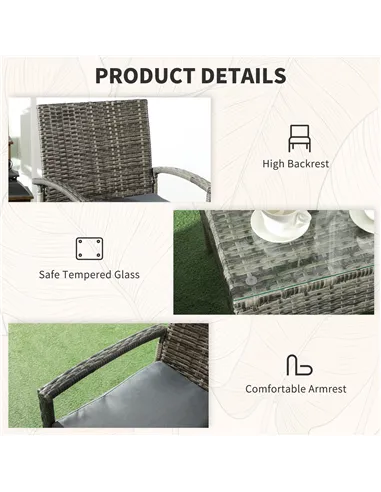 Outsunny 3 Pieces Rattan Bistro Set, Wicker Garden Furniture Set with Glass Top Coffee Table and Chairs, Washable Cushions for O