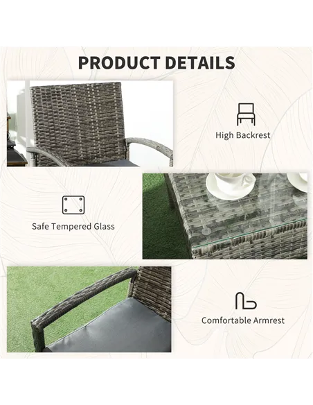 Outsunny 3 Pieces Rattan Bistro Set, Wicker Garden Furniture Set with Glass Top Coffee Table and Chairs, Washable Cushions for O