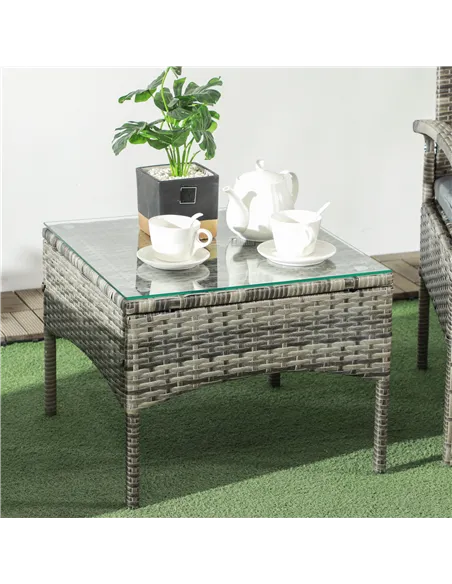 Outsunny 3 Pieces Rattan Bistro Set, Wicker Garden Furniture Set with Glass Top Coffee Table and Chairs, Washable Cushions for O