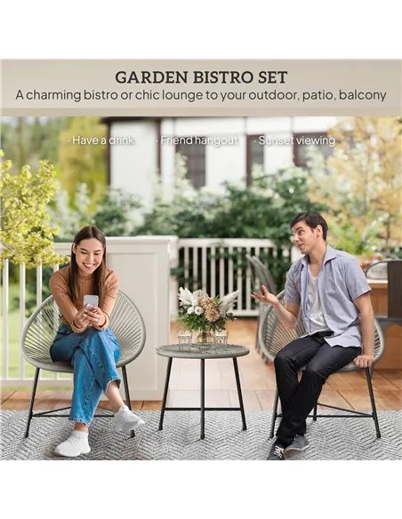 Outsunny 3 Pieces Rattan Bistro Set, Garden Bistro Set with Acapulco Chairs and Glass Top Table, Small Garden Furniture Set with