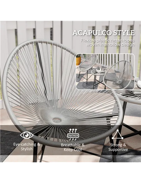 Outsunny 3 Pieces Rattan Bistro Set, Garden Bistro Set with Acapulco Chairs and Glass Top Table, Small Garden Furniture Set with