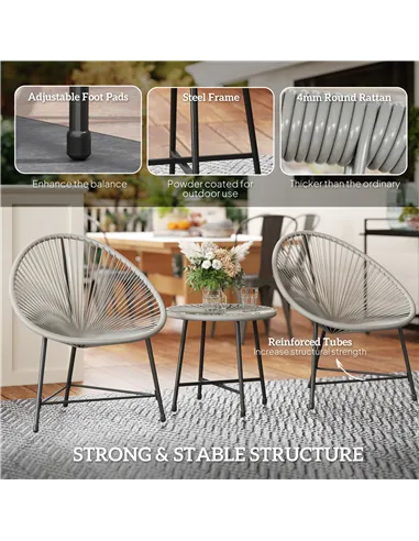 Outsunny 3 Pieces Rattan Bistro Set, Garden Bistro Set with Acapulco Chairs and Glass Top Table, Small Garden Furniture Set with