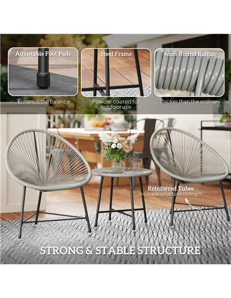 Outsunny 3 Pieces Rattan Bistro Set, Garden Bistro Set with Acapulco Chairs and Glass Top Table, Small Garden Furniture Set with