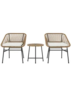 Outsunny 3 Pieces Rattan Bistro Set, Wicker Small Garden Table and Chairs Set with Cushions and Glass Top Coffee Table, Bistro G