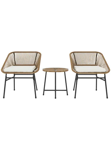 Outsunny 3 Pieces Rattan Bistro Set, Wicker Small Garden Table and Chairs Set with Cushions and Glass Top Coffee Table, Bistro G