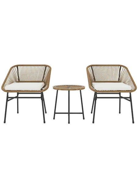 Outsunny 3 Pieces Rattan Bistro Set, Wicker Small Garden Table and Chairs Set with Cushions and Glass Top Coffee Table, Bistro G
