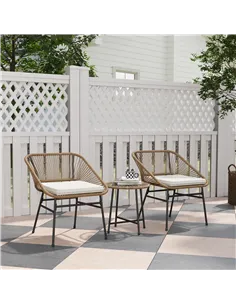 Outsunny 3 Pieces Rattan Bistro Set, Wicker Small Garden Table and Chairs Set with Cushions and Glass Top Coffee Table, Bistro G 2