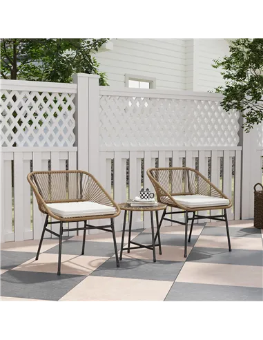 Outsunny 3 Pieces Rattan Bistro Set, Wicker Small Garden Table and Chairs Set with Cushions and Glass Top Coffee Table, Bistro G