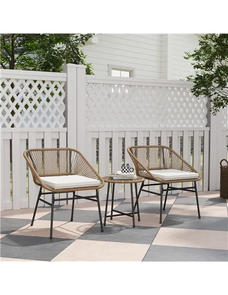 Outsunny 3 Pieces Rattan Bistro Set, Wicker Small Garden Table and Chairs Set with Cushions and Glass Top Coffee Table, Bistro G