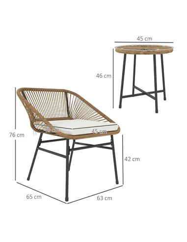 Outsunny 3 Pieces Rattan Bistro Set, Wicker Small Garden Table and Chairs Set with Cushions and Glass Top Coffee Table, Bistro G