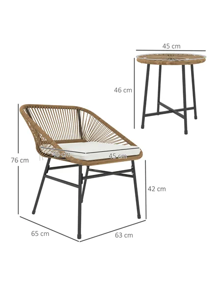 Outsunny 3 Pieces Rattan Bistro Set, Wicker Small Garden Table and Chairs Set with Cushions and Glass Top Coffee Table, Bistro G