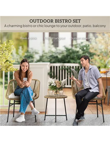 Outsunny 3 Pieces Rattan Bistro Set, Wicker Small Garden Table and Chairs Set with Cushions and Glass Top Coffee Table, Bistro G