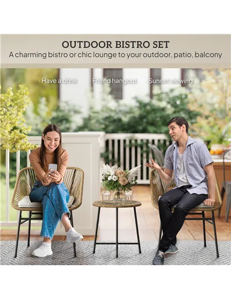 Outsunny 3 Pieces Rattan Bistro Set, Wicker Small Garden Table and Chairs Set with Cushions and Glass Top Coffee Table, Bistro G