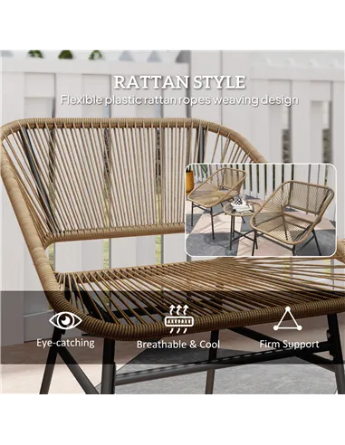 Outsunny 3 Pieces Rattan Bistro Set, Wicker Small Garden Table and Chairs Set with Cushions and Glass Top Coffee Table, Bistro G