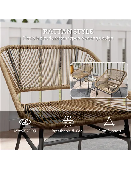 Outsunny 3 Pieces Rattan Bistro Set, Wicker Small Garden Table and Chairs Set with Cushions and Glass Top Coffee Table, Bistro G