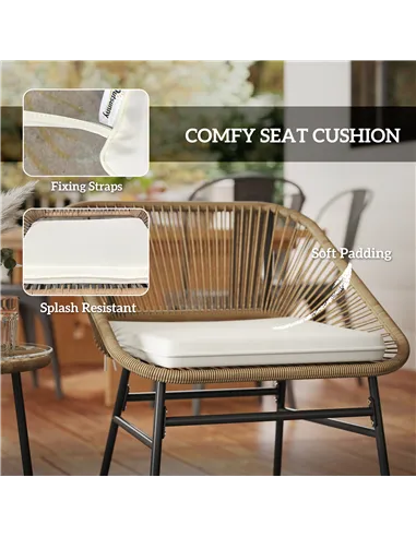 Outsunny 3 Pieces Rattan Bistro Set, Wicker Small Garden Table and Chairs Set with Cushions and Glass Top Coffee Table, Bistro G